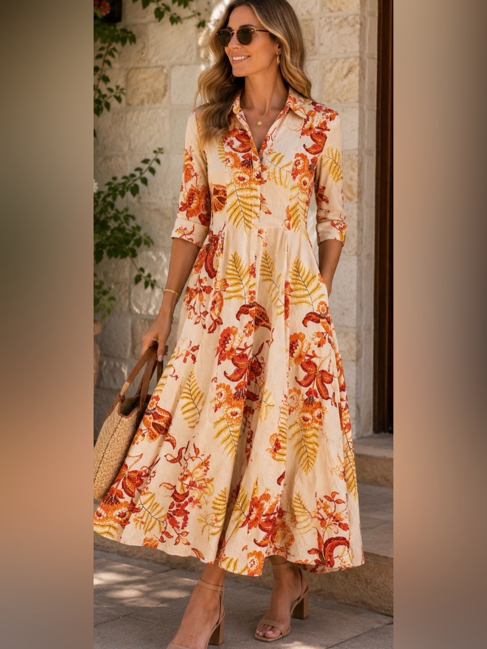 Rachel Zoe Long Sleeve Floral Dress - Cream and Orange
